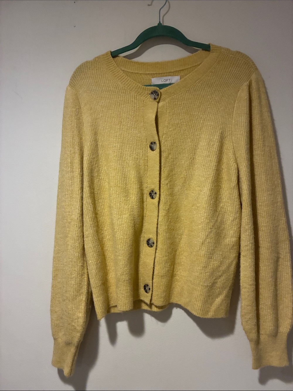 LOFT Light Yellow Button-Up Crewneck Cardigan Granola GranpaCore Sz L Worn 1x
